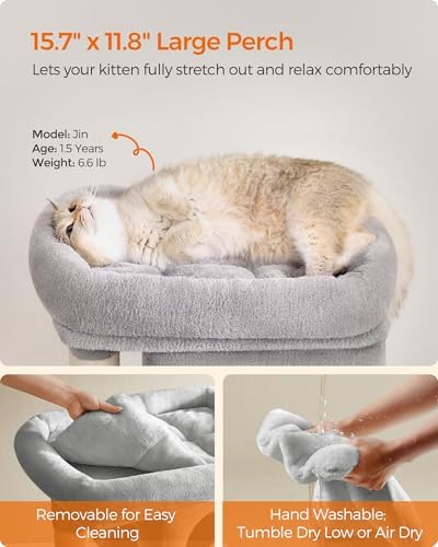 Feandrea Cat Tree, 26.4-Inch Small Cat Tower, Cute Plush Condo, Light Gray