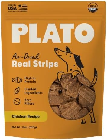 Plato Real Strips Organic Chicken Recipe Dog Treats, Air-Dried USDA Organic High-Protein Soft Strips, 18 oz