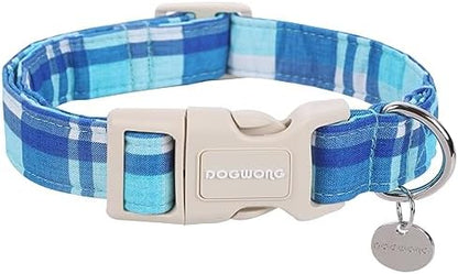 DOGWONG Cotton Dog Collar, Blue Plaid Heavy-Duty Dog Collar Durable Soft Boy Dog Collar Cute Wedding Puppy Necklace for Small Medium Large Dog