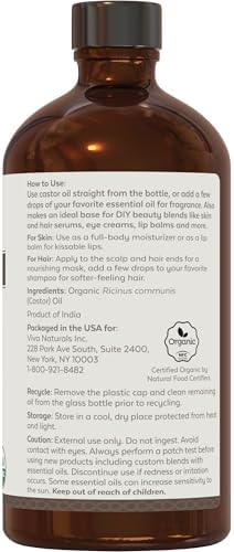 Viva Naturals Organic Castor Oil, Cold-Pressed, 16 fl oz – For Face, Hair, Eyelashes, USDA Organic, Non-GMO - Glass Bottle