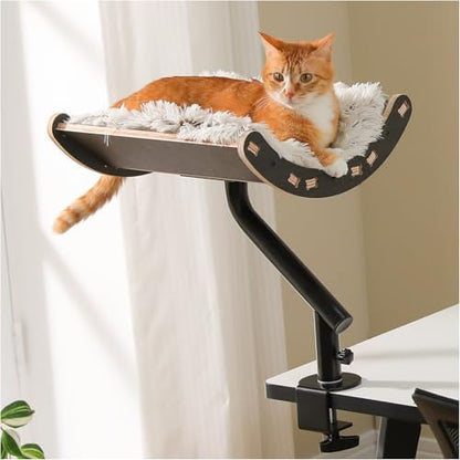 PEQULTI Desk Cat Bed, 360° Rotating Clamp-On Cat Hammock, Wood, Black