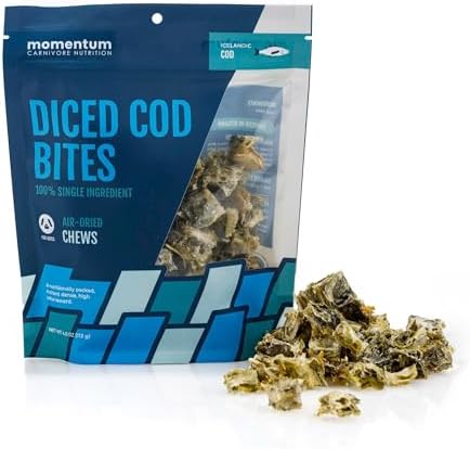 Momentum Carnivore Nutrition Diced Cod Bites Dog Treats – Single Ingredient Icelandic Cod Skin Chews | Natural Dental Support | High-Protein Fish | Healthy Dog & Cat Treats | 4 oz Bag