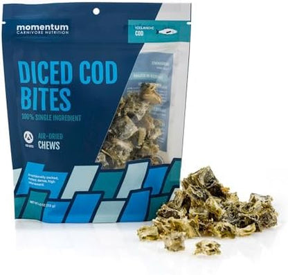 Momentum Carnivore Nutrition Diced Cod Bites Dog Treats – Single Ingredient Icelandic Cod Skin Chews | Natural Dental Support | High-Protein Fish | Healthy Dog & Cat Treats | 4 oz Bag