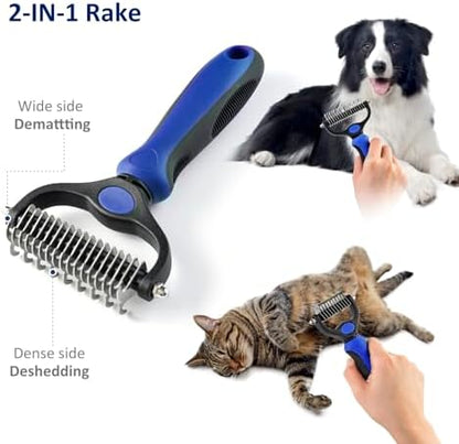 WePet Grooming Rake for Dogs & Cats, Double-Sided Deshedding Brush, Extra-Wide Dematting Tool, Slicker Comb for Undercoat & Loose Hair Removal, Reduces Shedding by 95%, Blue, Small