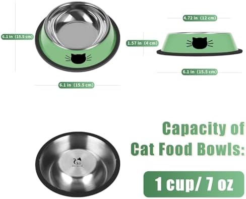 Serentive 2 Pcs Non-Slip Stainless Steel Small Cat Food Bowls - Unbreakable, Thicken 7 Oz Cat Dishes - Indoor, Removable Rubber Base, Easily Clean, Lovely Color