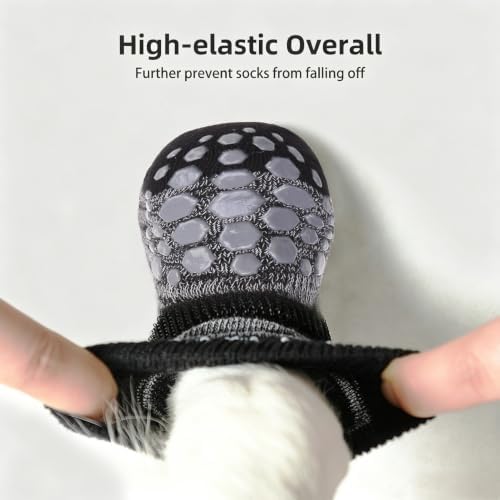 PUPTECK Anti-Slip Dog Socks with Double Sides for Small Medium Large Dogs Hardwood Floors Prevents Licking, Dog Shoes for Hot Pavement Traction Control Paw Protector for Senior Dogs, Striped Black XS