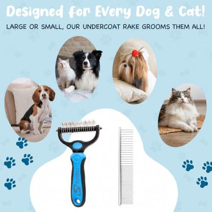 Sinko Shedding Brush for Dog and Cat, Undercoat Rake & Comb with Extra-Wide Double-Sided Stainless Steel Teeth for Deshedding, Brushing, Removing Loose Fur, Knots, Mats & Tangles in Pets (Blue)
