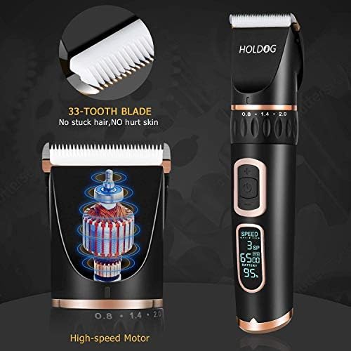 HOLDOG Dog Clippers Professional Heavy Duty Grooming Clipper 3-Speed Low Noise High Power Rechargeable Cordless Pet Tools for Small & Large Dogs Cats Pets with Thick Coats