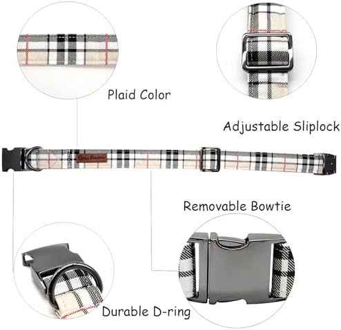 Classic Beige Black Plaid Dog Collar for Medium Dogs
