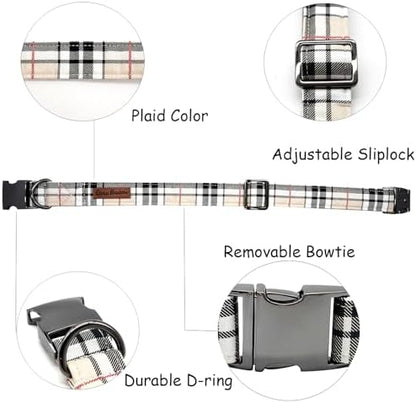 Classic Beige Black Plaid Dog Collar for Medium Dogs