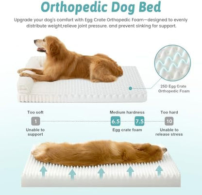 COZY KISS Ultra Soft Faux Rabbit Fur Dog Bed for Medium Dogs – 36"x27" Orthopedic Foam Couch, Removable Washable Cover & Waterproof Lining, Cream