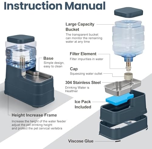 Automatic Cat Water Dispenser Gravity Stainless Steel Water Feeder Dog Waterer Feeder with Wide Mouth Bowl for Small Medium Dog Puppy Kitten (Filter &Ice Pack Included) 1Gallon Navy