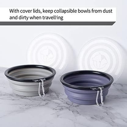 SLSON Dog Bowls Pet Collapsible Bowl with Cover Lids,2 Pack Dog Travel Bowls Portable Foldable Cat Water Dish Bowl for Pets Walking Parking Camping (Taro Purple and Concrete Gray, Small)