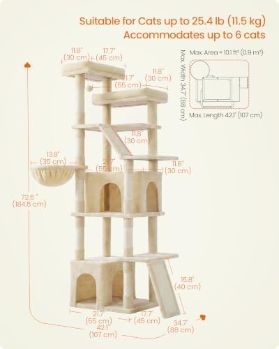 Feandrea Large Cat Tree, 72.6" Tall Sturdy Cat Tower for Indoor, Beige