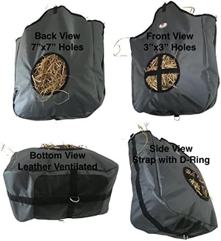 Majestic Ally Nylon Hay Feeder Tote Bag for Horse, Goat, Sheep - Double Sides Open Feed Hole with Faux Leather Ventilated Bottom- Premium Quality -Simulates Grazing - Reduces Waste (Dark Gray)