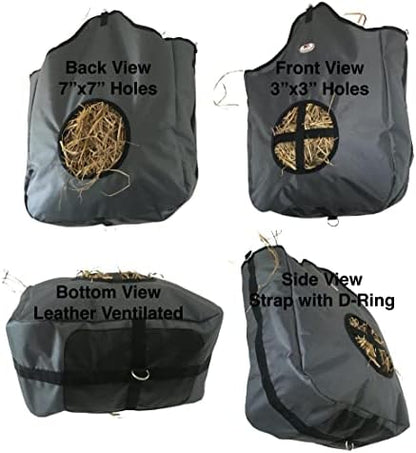 Majestic Ally Nylon Hay Feeder Tote Bag for Horse, Goat, Sheep - Double Sides Open Feed Hole with Faux Leather Ventilated Bottom- Premium Quality -Simulates Grazing - Reduces Waste (Dark Gray)