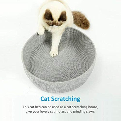 Cat Bed Basket Nest Round Cotton Rope Woven Warm Medium,Pet Sleeping Bed House Cute Fun Scratcher Scratching Scratch Mat Pad for Puppy Small Dogs Indoor Play Eco Washable Winter Summer (Gray)