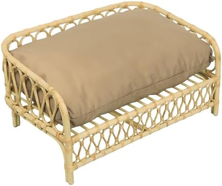 DBD1005B Elevated Pet Daybed 27.5" x 17", Handwoven Rattan Dog & Cat Bed with Machine Washable Cushion, Wicker Rattan Sofa for Small to Medium Pets, Bohemian Style, Light Brown