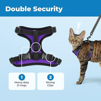 Voyager Escape-Proof Step-in Lock Cat Harness & 5ft Neoprene-Handle Leash Set All-Weather Mesh with Reflective Stitching for Small to Large Cats by Best Pet Supplies, Black Trim-Purple (327), XS