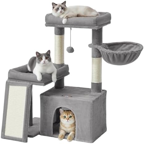 Feandrea Cat Tree, 33.8" Cat Tower, Scratching Posts and Ramp, Dove Gray