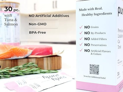 Purrly Squeezable Cat Treats Wet Healthy Interactive Hydrating Human-Grade Tuna & Salmon with Omega-3 & 6 for Skin & Coat (30 Count) Lickable Creamy Puree Topper Wild-Caught No-Artificial-Additives