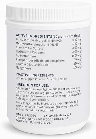 Tendon Repair Supplement Horse - Equine Tendon and Ligament Powder with Collagen, MSM, Supports Elasticity, Mobility and Recovery, 30 Day Supply