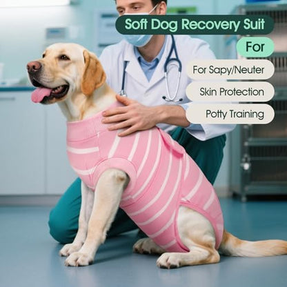 Kuoser Dog Surgery Recovery Suit, Soft Breathable Dog Recovery Suit for Female Spay Male Nueuter, Anti Licking Puppy Onesie Pet Surgical Suit for Dogs Abdominal Wounds Skin Disease, Pink Strips XS