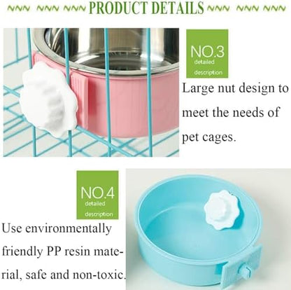 kathson Crate Dog Bowl, Removable Stainless Steel Hanging Pet Cage Bowl Food & Water Feeder Coop Cup for Cat, Puppy, Birds, Rats, Guinea Pigs (6 PCS, Size: M, 2×Blue,2×Green,2×Pink) (Pack of 2)