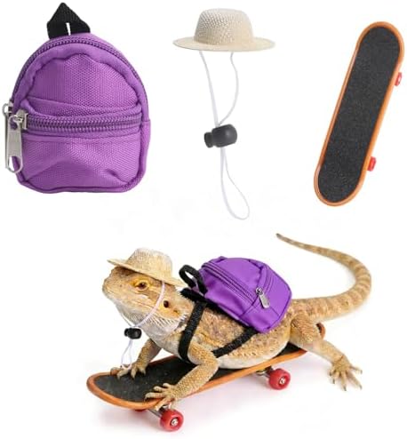 Bearded Dragon Clothes Lizard Toy - Mini hat,Skateboard,Backpack Gifts for Reptiles Pet - Cute Bearded Dragon Costume Accessories for Lizard Iguana Reptiles Small Animals (Purple)