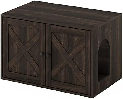 Furinno PELI Cat Litter Box Enclosure, Farmhouse Hidden Litter Box Furniture with Side Entrance, Wooden Pet House with Slatted Door, Easy Assembly, for Living Room, Ebony