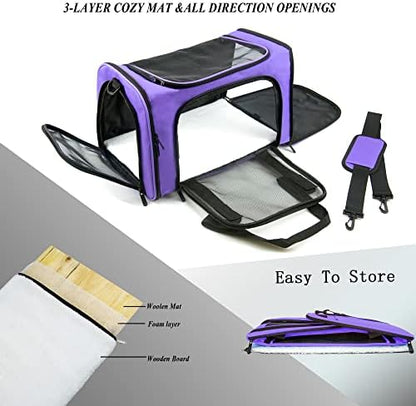 Soft Sided Carrier for Small Medium Cats Dogs,TSA Airline Approved Collapsible Travel Pet Carrier Medium Purple