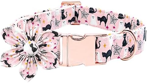 Dog Collar Halloween Fall Cat Ghost Print Pet Collar Soft Cute Dog Collars with Flower Adjustable Metal Buckle Collar for X-Large Dogs