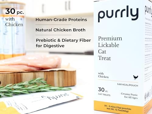 Purrly Lickable Wet Cat Treats Creamy Purée Human-Grade Chicken Breast with Prebiotic and Dietary Fiber for Digestive Health (30 Count) Non-GMO No-Grains No-Artificial-Additive All Ages Low-Phosphorus