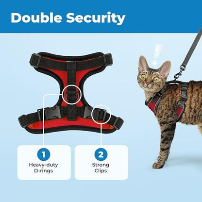 Voyager Escape-Proof Step-in Lock Cat Harness & 5ft Neoprene-Handle Leash Set All-Weather Mesh with Reflective Stitching for Small to Large Cats by Best Pet Supplies, Black Trim-Red (327), XS