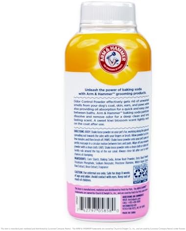Arm & Hammer for Pets Odor Control Dry Shampoo Powder for Dogs & Puppies, Waterless Dog Deodorizer with Baking Soda, Paraben Sulfate and Dye Free Formula, Kiwi Blossom Scent, 4.2 Oz (Pack of 2)