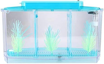 Aquarium Fish , Three Divisions Breeding Isolation Mini Aquarium komplettset LED Acrylic Box for Small Fishes() (Blue)