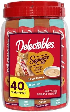 Delectables Squeeze Up Variety Pack, Creamy Squeezable Puree, Lickable Wet Cat Treats, Grain-Free, No Added Fillers, 0.5 Ounces Tube, 40 Tubes Total