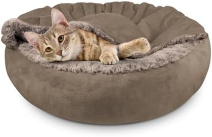 JOEJOY Small Dog Bed Cat Bed with Hooded Blanket, Cozy Cuddler Luxury Puppy Pet Bed, Donut Round Calming Anti-Anxiety Dog Burrow Cave Bed - Anti-Slip Bottom and Machine Washable 23 inch