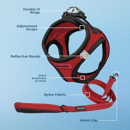 Best Pet Supplies Voyager Step-in Air All Weather Mesh Harness and Reflective Dog 5ft Leash Combo with Neoprene Handle, for Small, Medium and Large Breed Puppies - Red/Black Trim, Large
