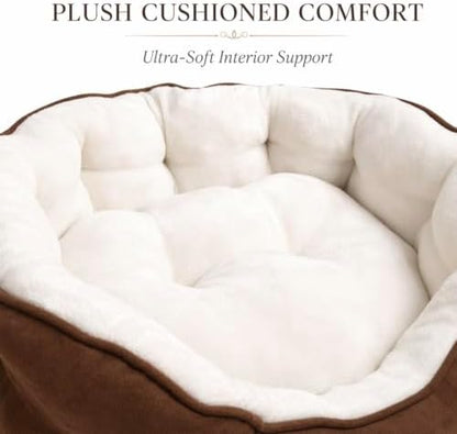 Calming Dog Bed for Small, Medium, and Large Dogs, Ultra-Soft Plush Sherpa Interior, Raised Bolster Rim, Faux Suede Exterior, Brown and Cream 81cm