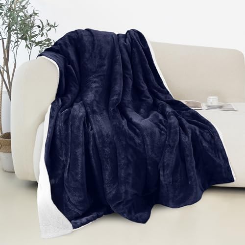 Elegant Comfort Reversible and Ultra-Plush Flannel Fleece Sherpa Throw- Lightweight Soft and Cozy- All Season Decorative Throw, Perfect for Lounging, 50 x 60 inches, Navy Blue