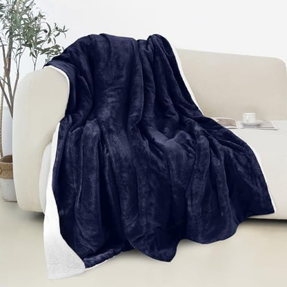 Elegant Comfort Reversible and Ultra-Plush Flannel Fleece Sherpa Throw- Lightweight Soft and Cozy- All Season Decorative Throw, Perfect for Lounging, 50 x 60 inches, Navy Blue