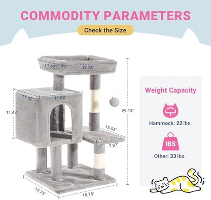 Allewie 29 Inches Cat Tree Tower/Plush Perches Platform/Condo/House/Sisal Scratching Posts/Multi-Level Activity Center Furniture for Kittens/Grey