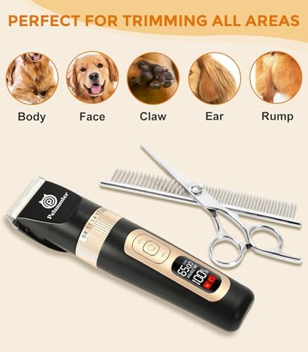 Petsaunter Dog Hair Clippers,4-Speed Low Noise Rechargeable TypeC Electric Pet Hair Shavers,Essential Quiet Grooming Clipper Tools Set for Small & Large Dogs Cats with Thick & Heavy Coats(C95 Set)