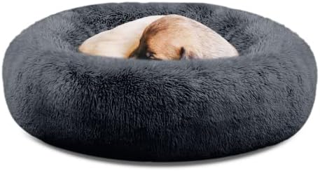 SAVFOX 36 inches Calming Donut Dog Bed - 3X Durable Plush Faux Fur, Machine Washable & Non-Slip, Fits up to 100 lbs, Dark Grey