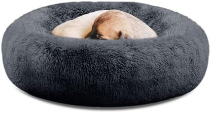 SAVFOX 36 inches Calming Donut Dog Bed - 3X Durable Plush Faux Fur, Machine Washable & Non-Slip, Fits up to 100 lbs, Dark Grey