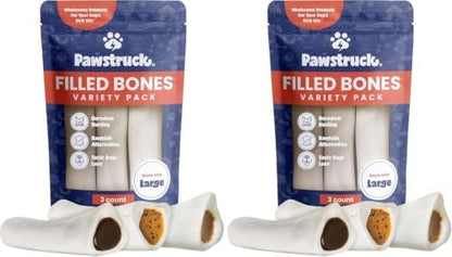 Pawstruck Large 5"-6” Filled Dog Bones Variety Pack - Peanut Butter, Cheese & Bacon, Beef Flavors - Made in USA, Long Lasting Stuffed Femur Treat for Aggressive Chewers (Count of 6)