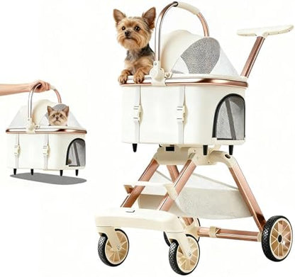 All-Terrain Pet Stroller for Small Medium Dogs & Cats, 20 lbs Capacity - Portable Carrier with One-Touch Brake, Lightweight Foldable Design & Shock Absorption Wheels,Beige