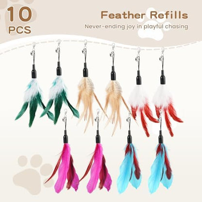 Pawaboo Cat Feather Wand Interactive Toy, 10 Feathers + 1 Wand with Bell