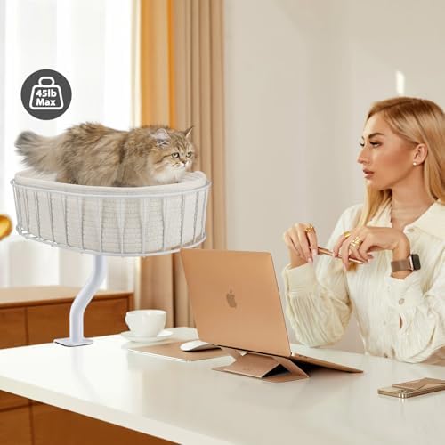 BALORAY Cat Desk Bed : Sturdy Desk Bed for Cat Support 45lbs, Desktop Cats Beds for Tables Game Office,Indoor Use Removable Desks Attachment Cotton Cats Nest,Heavy-Duty Metal Frame and Clamp (White)